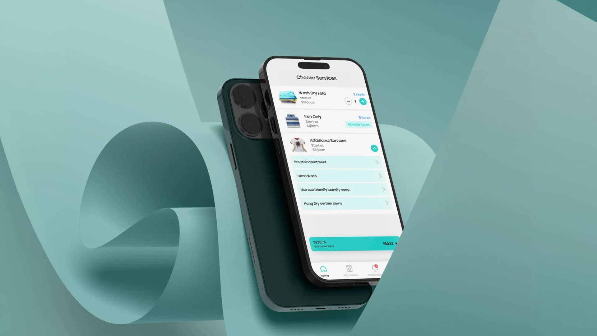  Mobile mockup displaying the laundry marketplace app interface